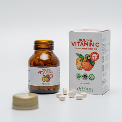Biolife Vitamin C | 120 compresse da 500mg | 100% VITAMINA C di qualità | Usato per il supporto sistema immunitario | Prodotto VEGANOK