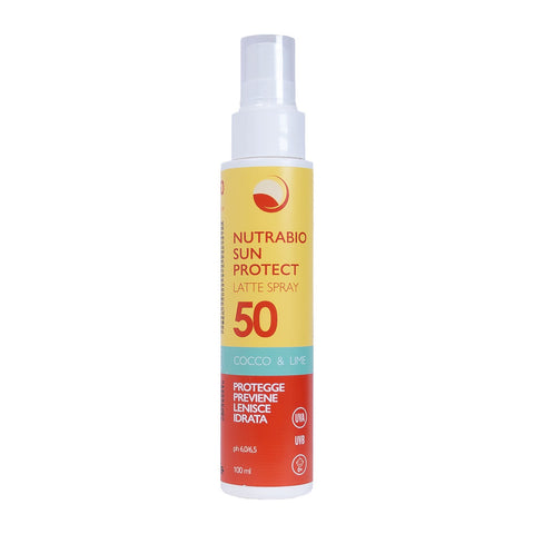 NUTRABIO SUN PROTECT | Latte spray protezione solare ALTISSIMA spf 50 | Cocco & Lime | Protegge Previene Lenisce Idrata | 100 ml