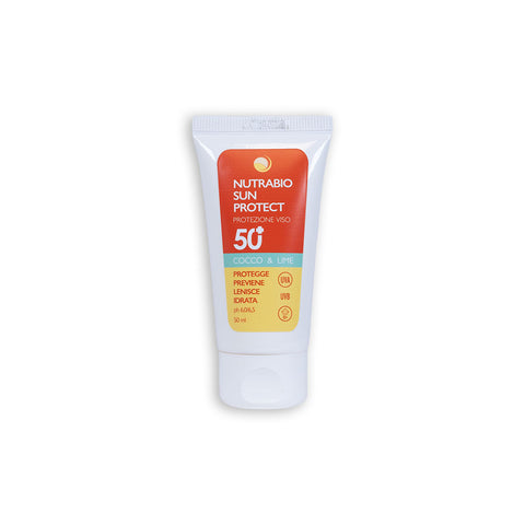 NUTRABIO SUN PROTECT | Protezione viso ALTISSIMA spf 50 | Cocco & Lime | Protegge Previene Lenisce Idrata | 50 ml