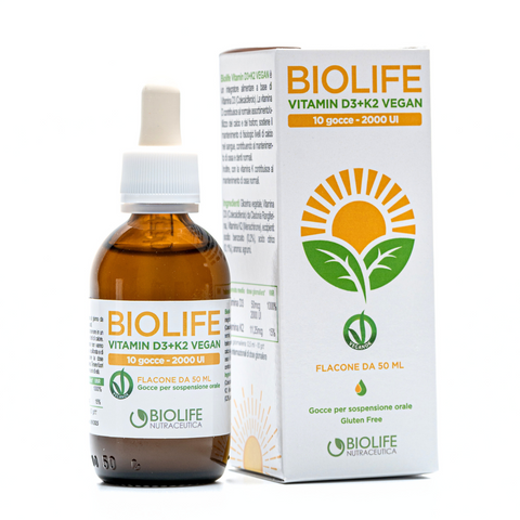 Biolife D3K2 Vegan 50 ml – Vitamina D3 e K2 ad Alta Concentrazione per Ossa, Muscoli e Sistema Immunitario - Gocce 2000 UI