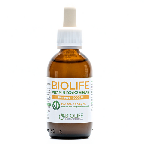 Biolife D3K2 Vegan 50 ml – Vitamina D3 e K2 ad Alta Concentrazione per Ossa, Muscoli e Sistema Immunitario - Gocce 2000 UI