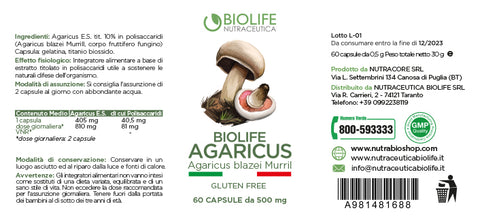 Agaricus blazei murrill | 60 capsule da 500mg | Supporto Sistema immunitario| Titolato 10% in polisaccaridi | Prodotto VEGANOK
