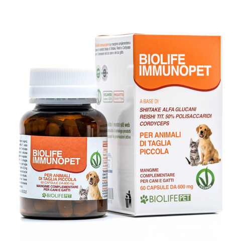 Biolife Immunopet | 60 capsule per Taglia Piccola | A base di Shiitake Alfa Glucani Reishi titolato 50% e Cordyceps